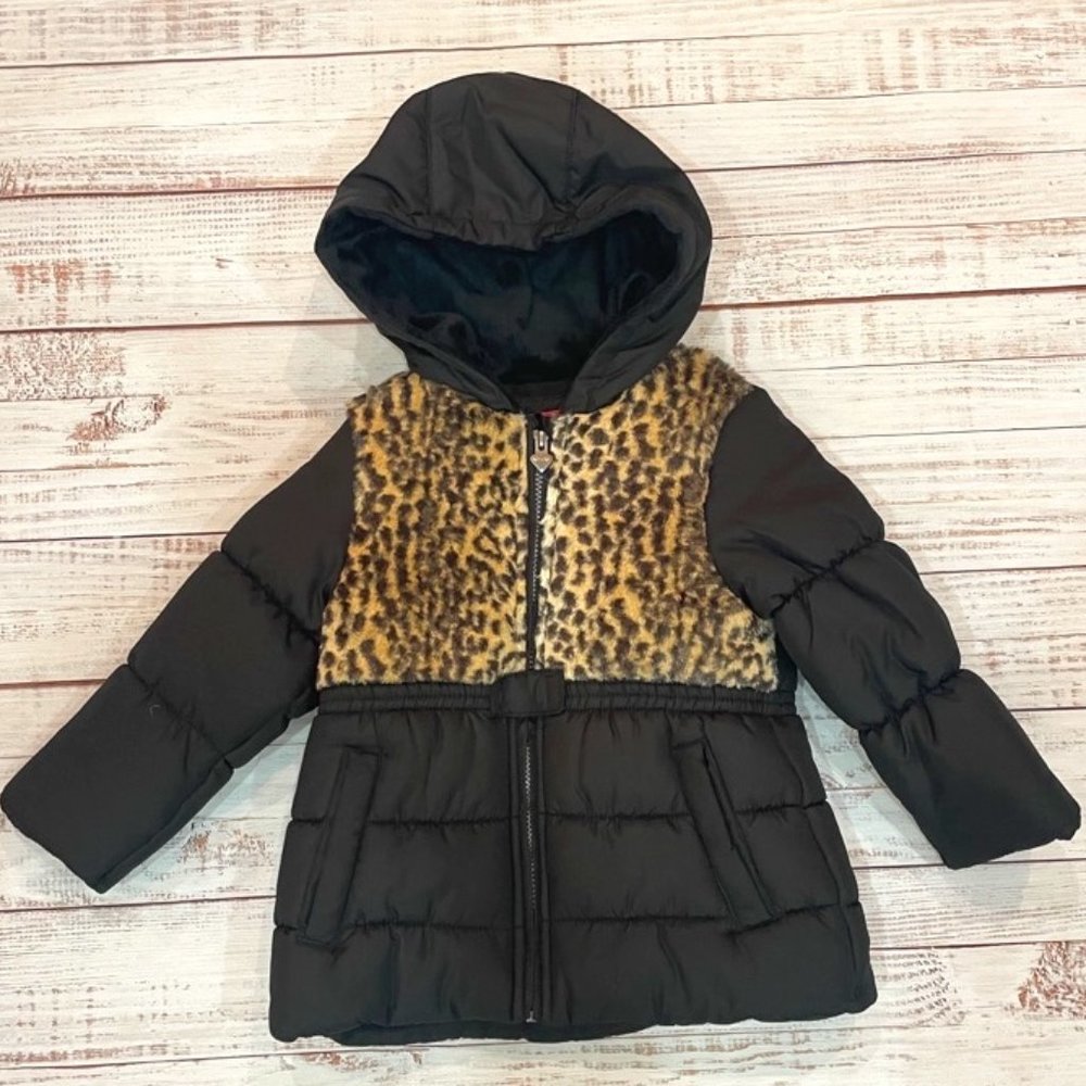 London Fog Girls Leopard Faux Fur Puffer Winter Coat